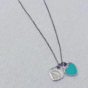 Tiffany blue double heart tag pendant in silver mini with 16inches necklace